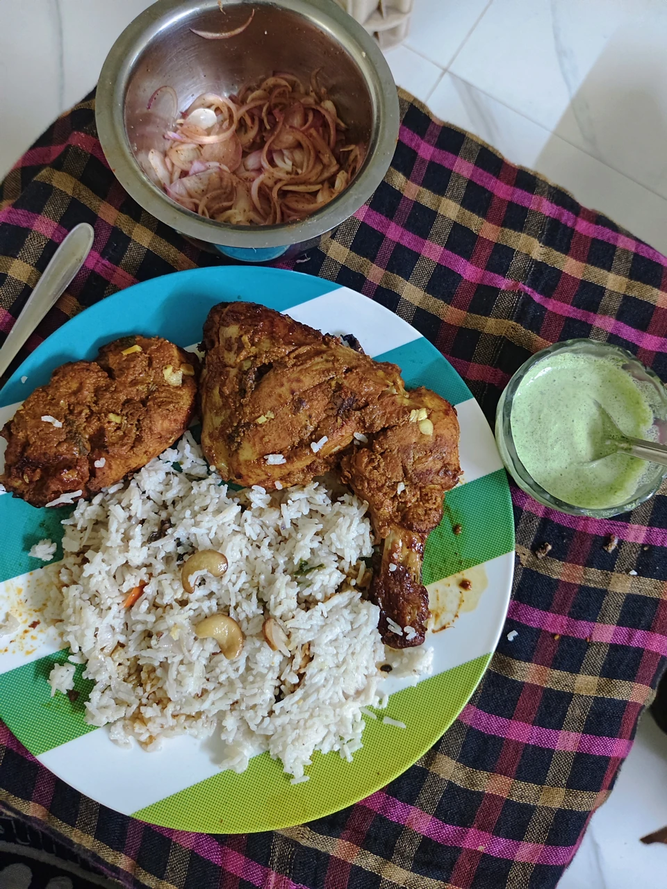 A real meal from my photo library: rice, chicken, onions and a green sauce