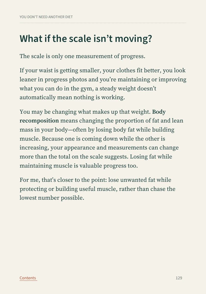 Page 129: consider body composition and progress beyond scale weight