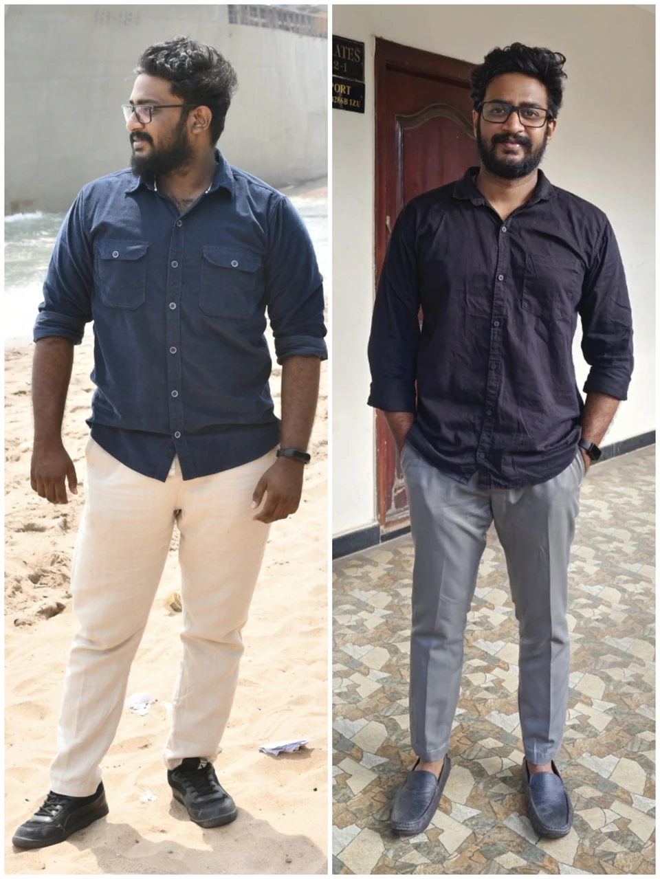 My original clothed comparison: blue shirt on the left, dark shirt on the right